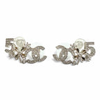 Chanel CC Logo Clover Rhinestone Earrings Silver