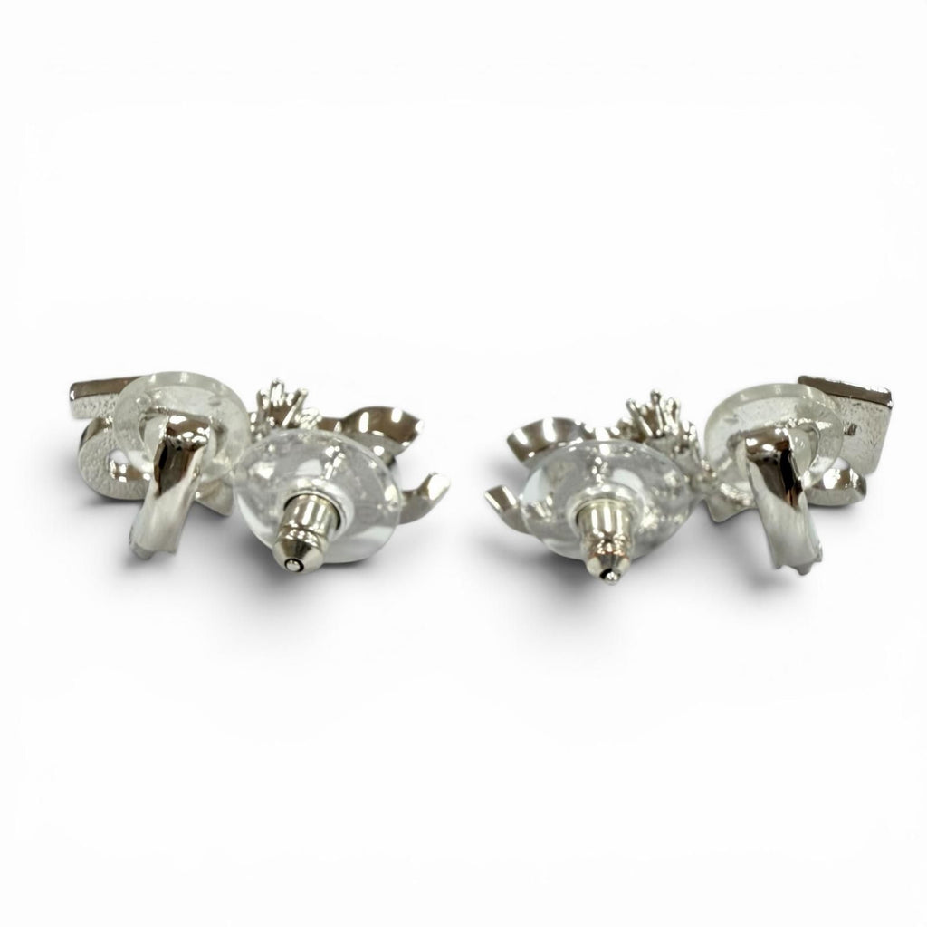 Chanel CC Logo Clover Rhinestone Earrings Silver — view 4