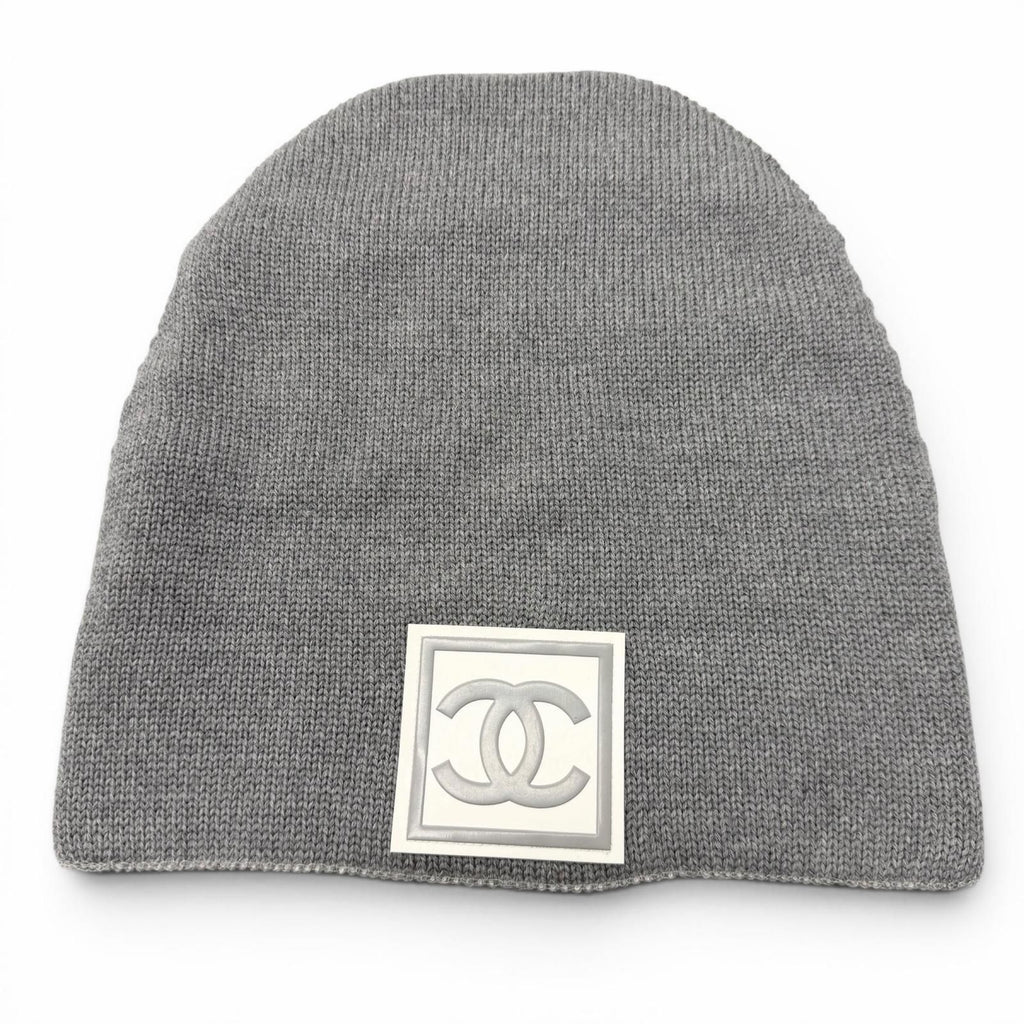 Chanel Sports Line Wool Silk CC Logo Hat Beanie Knit Cap Gray Ivory