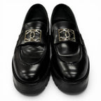 Chanel CC Logo Leather Loafers Shoes Black Silver — view 3