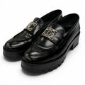 Chanel CC Logo Leather Loafers Shoes Black Silver