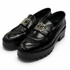 Chanel CC Logo Leather Loafers Shoes Black Silver