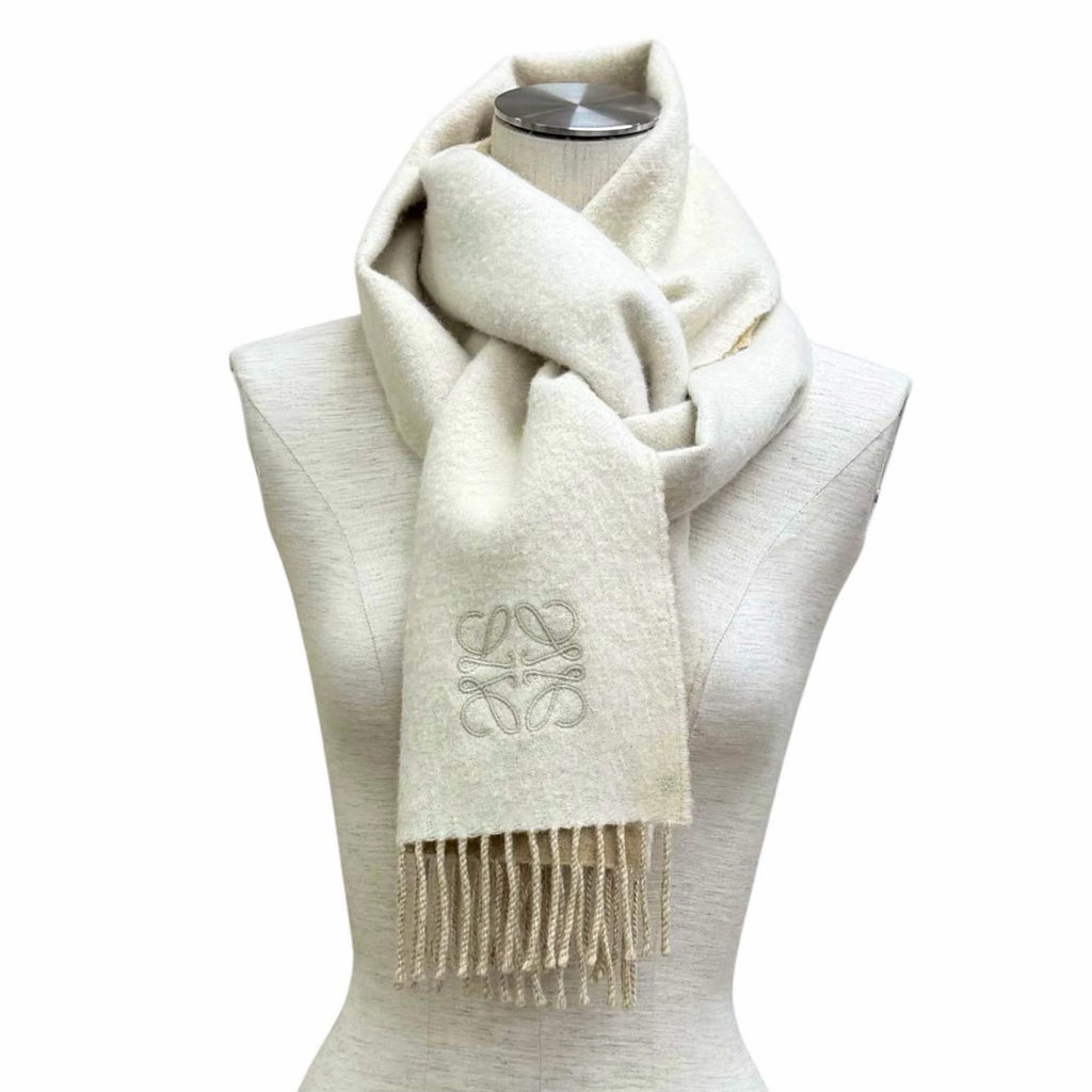 Loewe Bicolor Scarf Wool Cashmere Blend Ivory Sand Anagram Embroidered Fringe UK — view 3