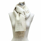 Loewe Bicolor Scarf Wool Cashmere Blend Ivory Sand Anagram Embroidered Fringe UK — view 3