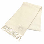 Loewe Bicolor Scarf Wool Cashmere Blend Ivory Sand Anagram Embroidered Fringe UK