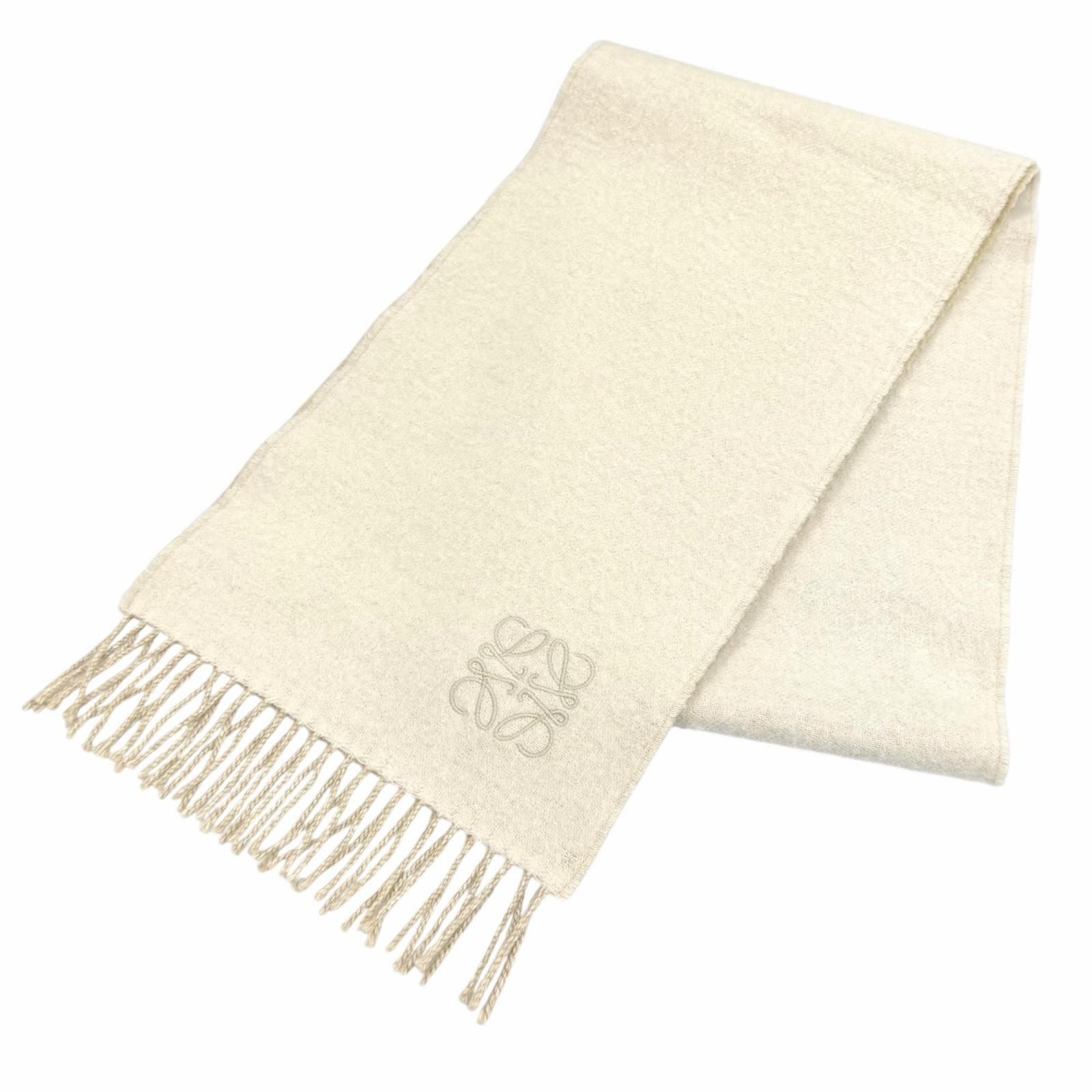 Loewe Bicolor Scarf Wool Cashmere Blend Ivory Sand Anagram Embroidered Fringe UK