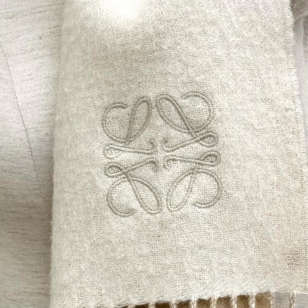 Loewe Bicolor Scarf Wool Cashmere Blend Ivory Sand Anagram Embroidered Fringe UK — view 5