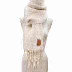 Loewe Mohair Wool Blend Fringe Anagram Leather Long Scarf with Patch Ivory — view 4