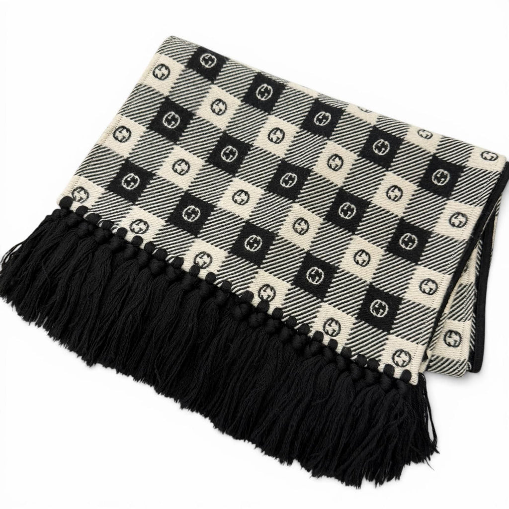Gucci Interlocking Plaid Fringe Scarf Black Ivory 35 190 cm