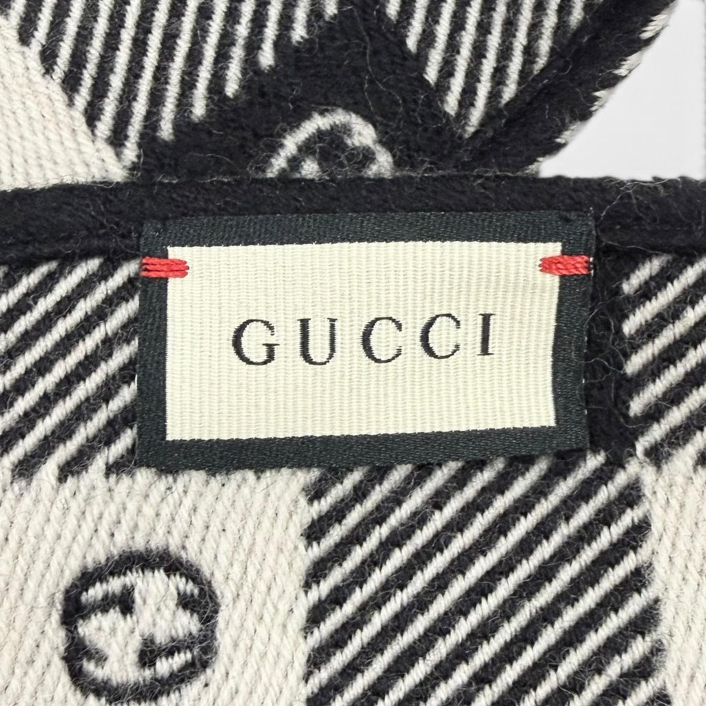 Gucci Interlocking Plaid Fringe Scarf Black Ivory 35 190 cm — view 6