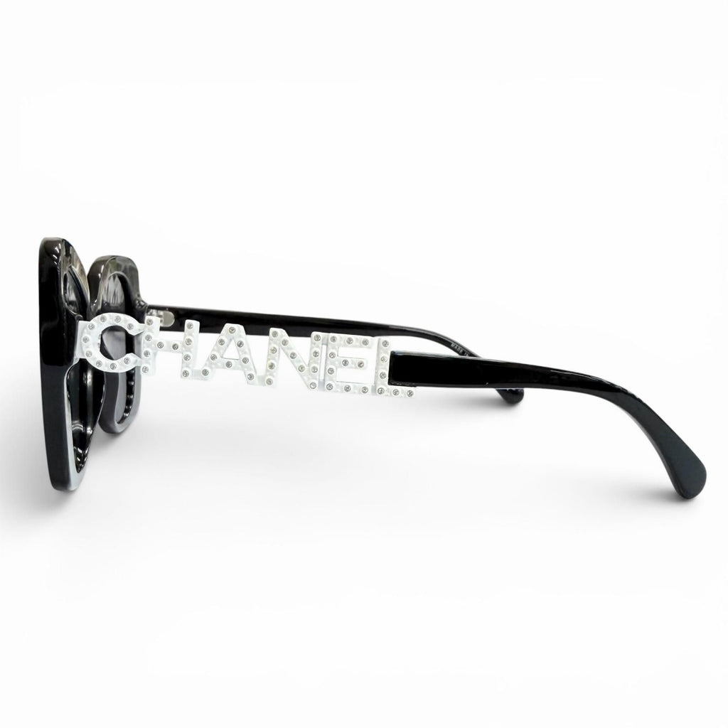 Chanel CC Logo Rhinestone Sunglasses Black White Demo Lens Eyewear — view 4
