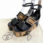 Hermes Charis Bride de Gala Leather Ankle Strap Wedge Sole Sandals Black — view 2