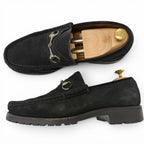 Gucci Suede Leather Horsebit Silver Loafers Moccasin Flat Shoes Black — view 4