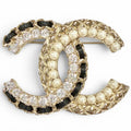 Chanel CC Logo Leather Rhinestone Faux Pearl Brooch Gold Black Large Recommended