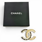 Chanel CC Logo Leather Rhinestone Faux Pearl Brooch Gold Black Large Recommended — view 2