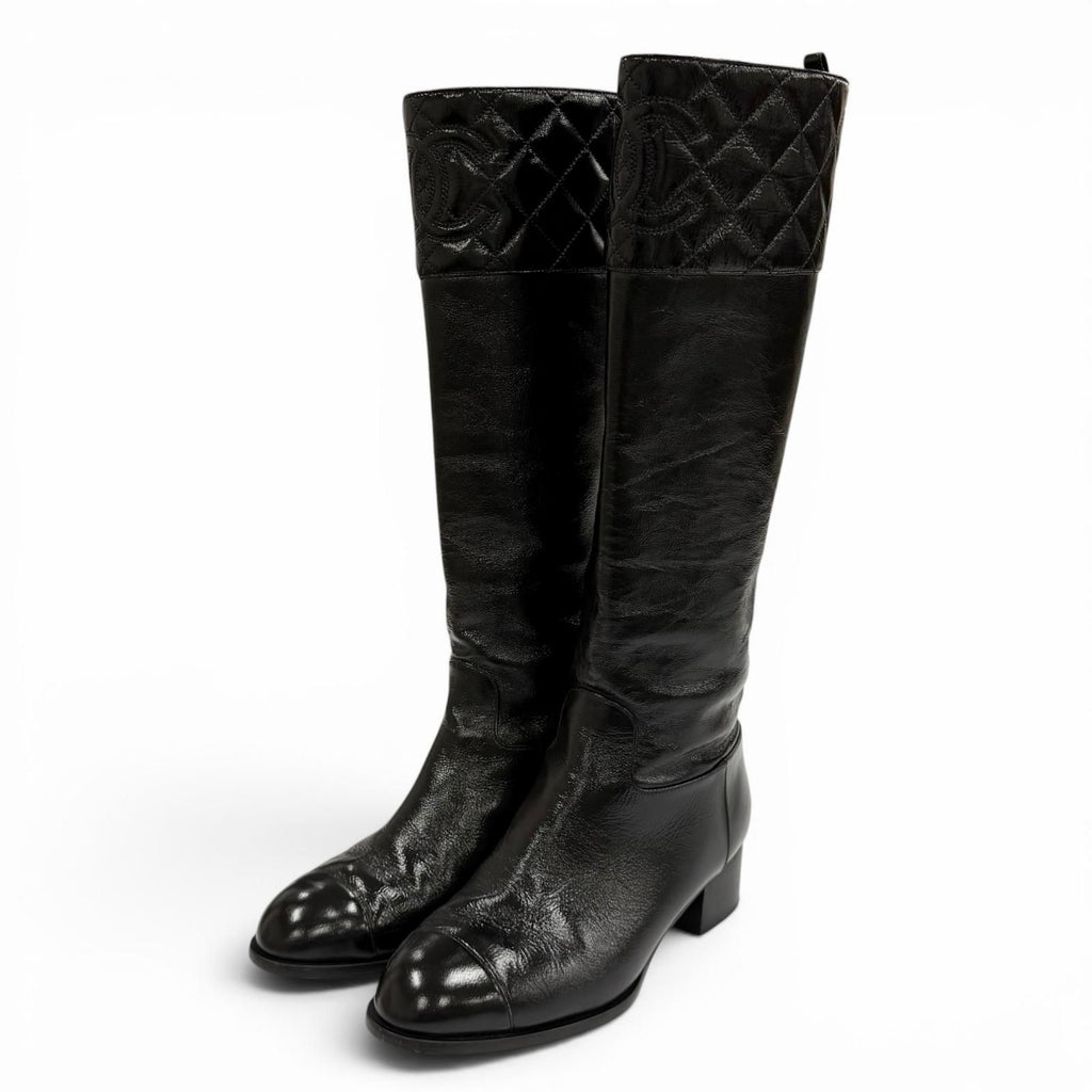 Chanel CC Logo Quilted Chanki Heels Leather Long Boots Black