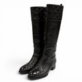 Chanel CC Logo Quilted Chanki Heels Leather Long Boots Black
