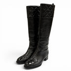 Chanel CC Logo Quilted Chanki Heels Leather Long Boots Black