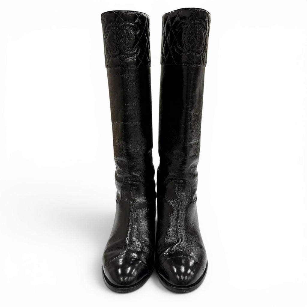 Chanel CC Logo Quilted Chanki Heels Leather Long Boots Black — view 4