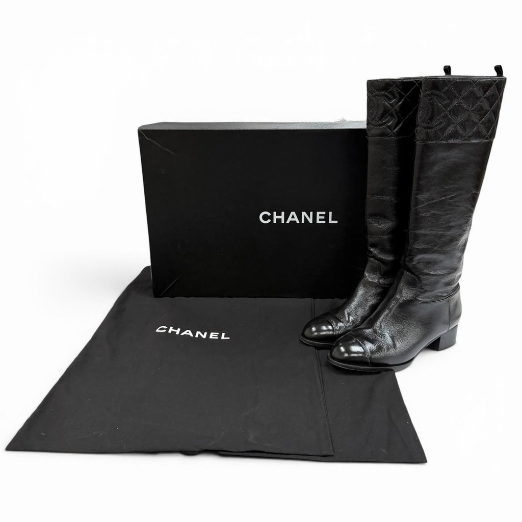 Chanel CC Logo Quilted Chanki Heels Leather Long Boots Black — view 2