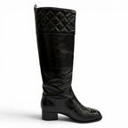 Chanel CC Logo Quilted Chanki Heels Leather Long Boots Black — view 6