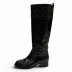 Chanel CC Logo Quilted Chanki Heels Leather Long Boots Black — view 5