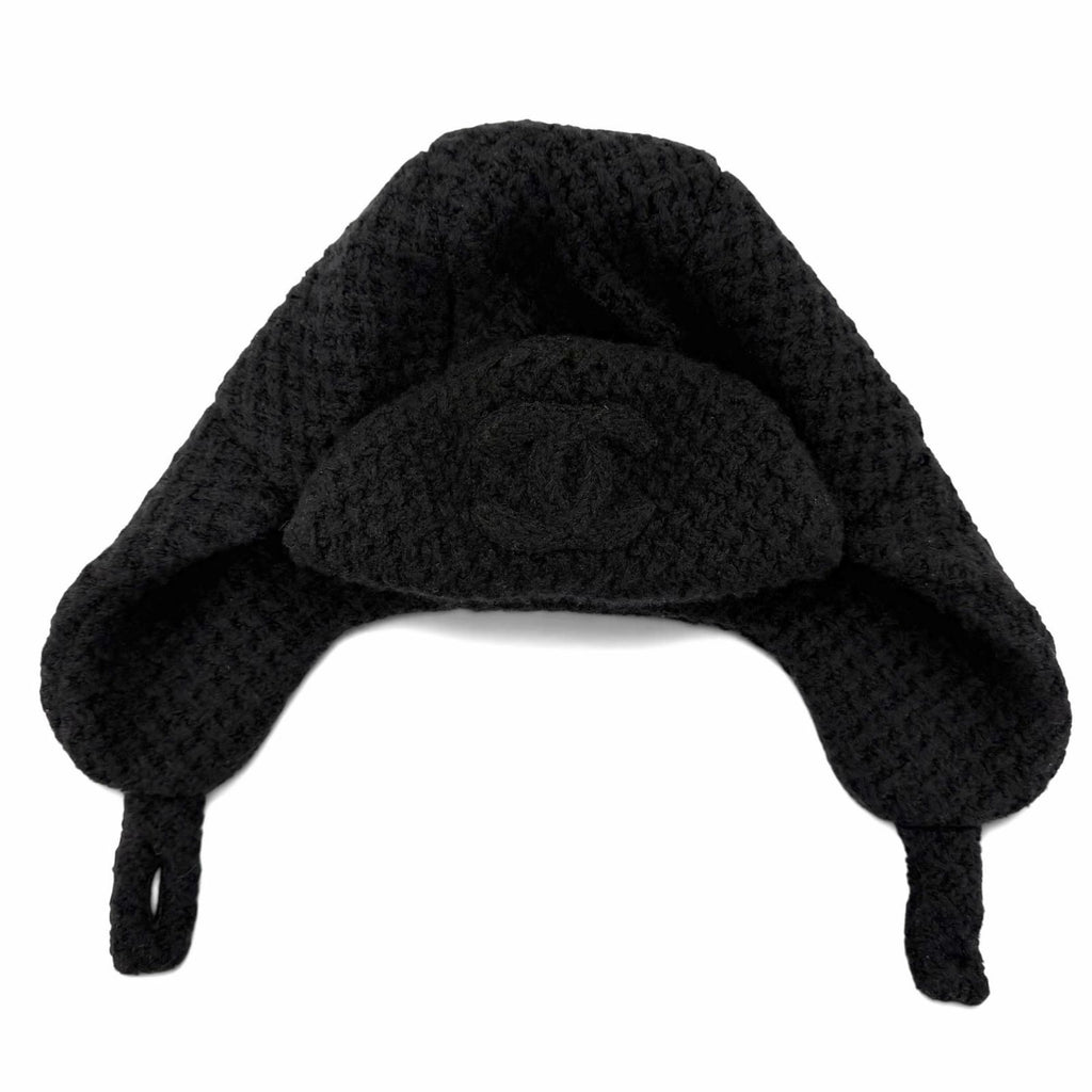 Chanel Cashmere Silk CC Logo Chapka Hat Trapper Hat Flight Hat Knit Cap Black