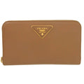 Prada Zip Around Gold Leather Caramel Brown Wallet