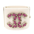 Chanel CC Logo Plastic Metal Rhinestone White Bangle Bracelet