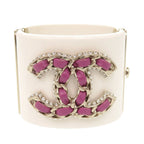 Chanel CC Logo Plastic Metal Rhinestone White Bangle Bracelet