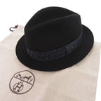 Hermes Beaver Felt Fedora Hat Folded Hat 59 Silk Leather Black Navy Blue — view 2