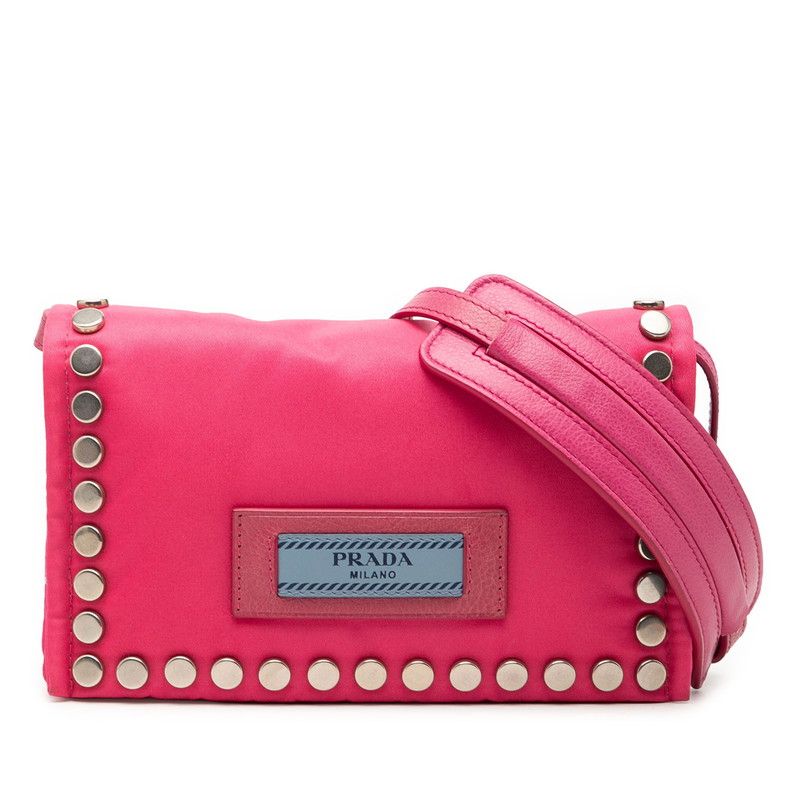 Prada Studs Crossbody Shoulder Bag Pink Nylon Leather