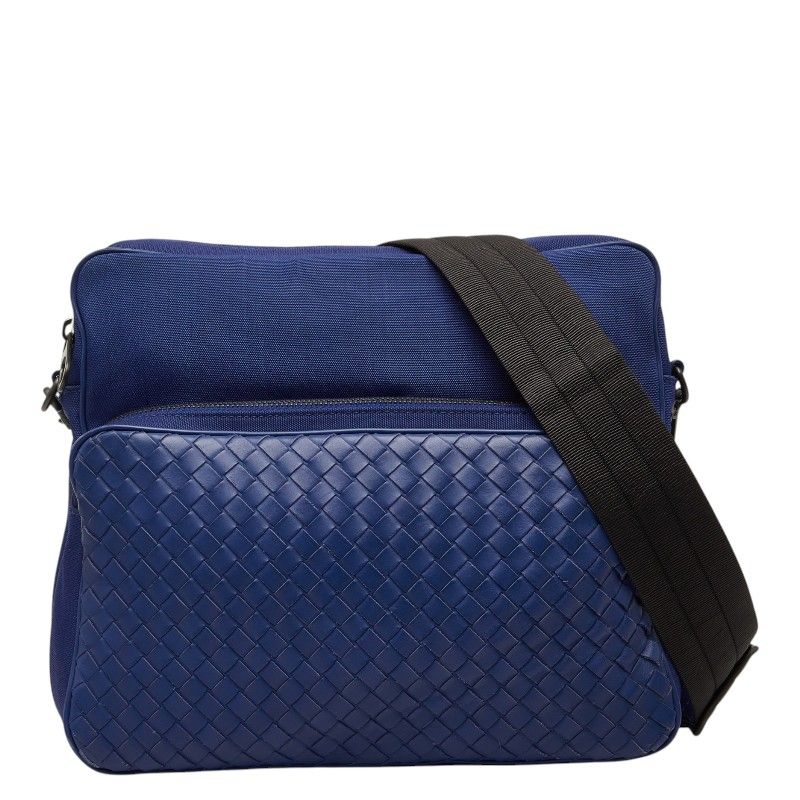 Bottega Veneta Intrecciato Shoulder Bag Blue Canvas Leather