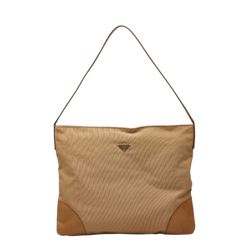 Prada Shoulder Bag Beige Canvas Leather