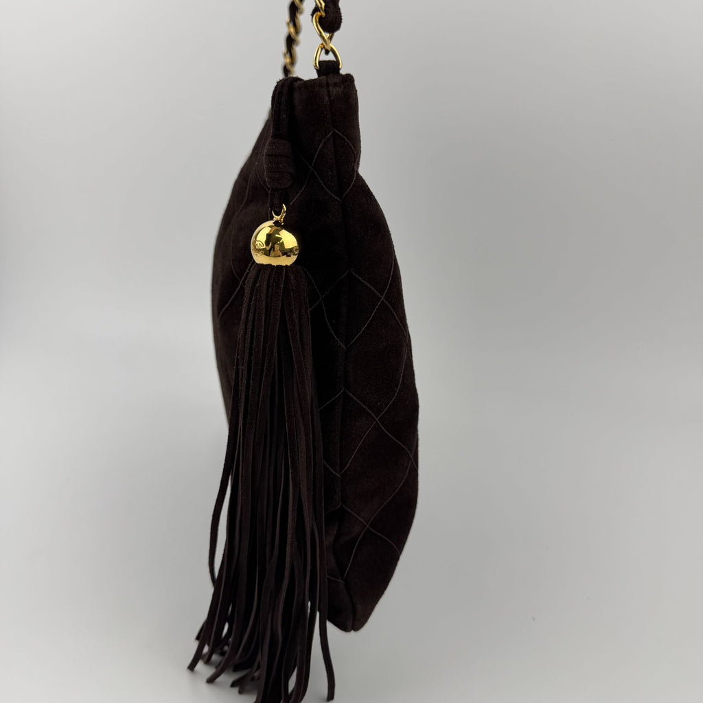 Chanel CC Logo Quilted Chain Shoulder Bag Brown Suede No 5 Vintage — view 4
