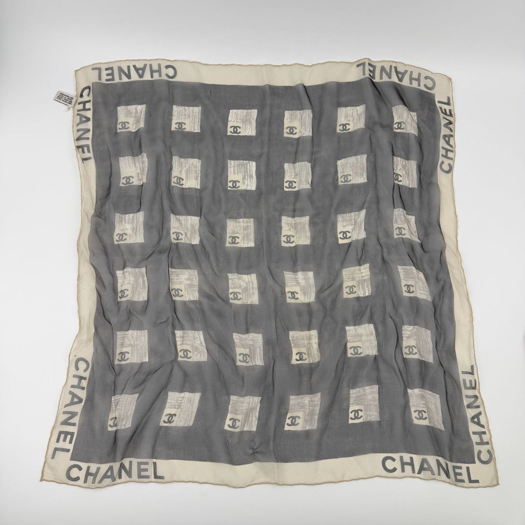 Chanel CC Logo Scarf Silk Gray Vintage