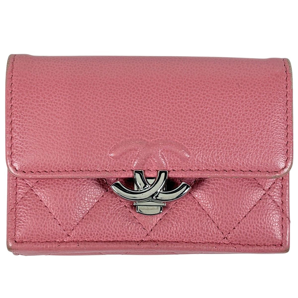 Chanel CC Logo Trifold Wallet Half Coco Quilted Caviar Leather Pink
