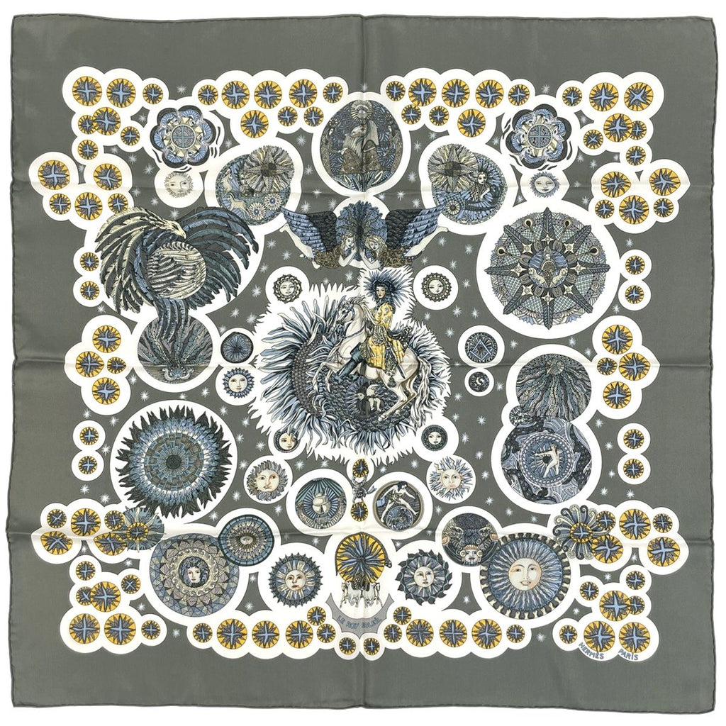 Hermes Carre 90 le Roy Soleil Sun King Scarf Silk Gray Multicolor