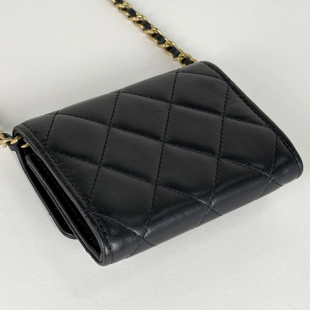 Chanel CC Logo Bifold Wallet Chain Card Case Leather Black — view 2
