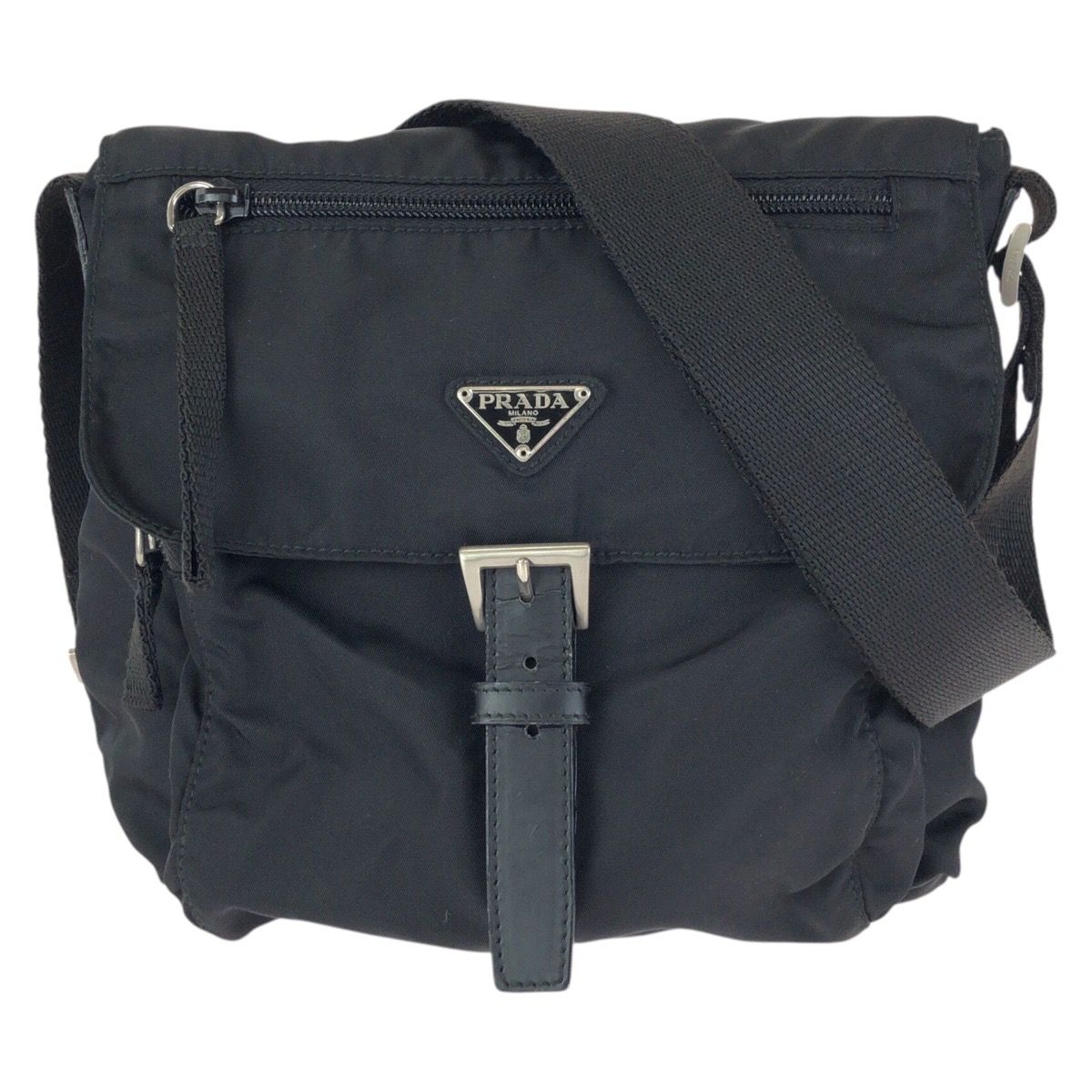 Prada Tessuto Black Silver Nylon Leather Shoulder