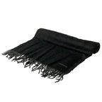 Hermes Scarf Black Logo Embroidery Fringe Cashmere