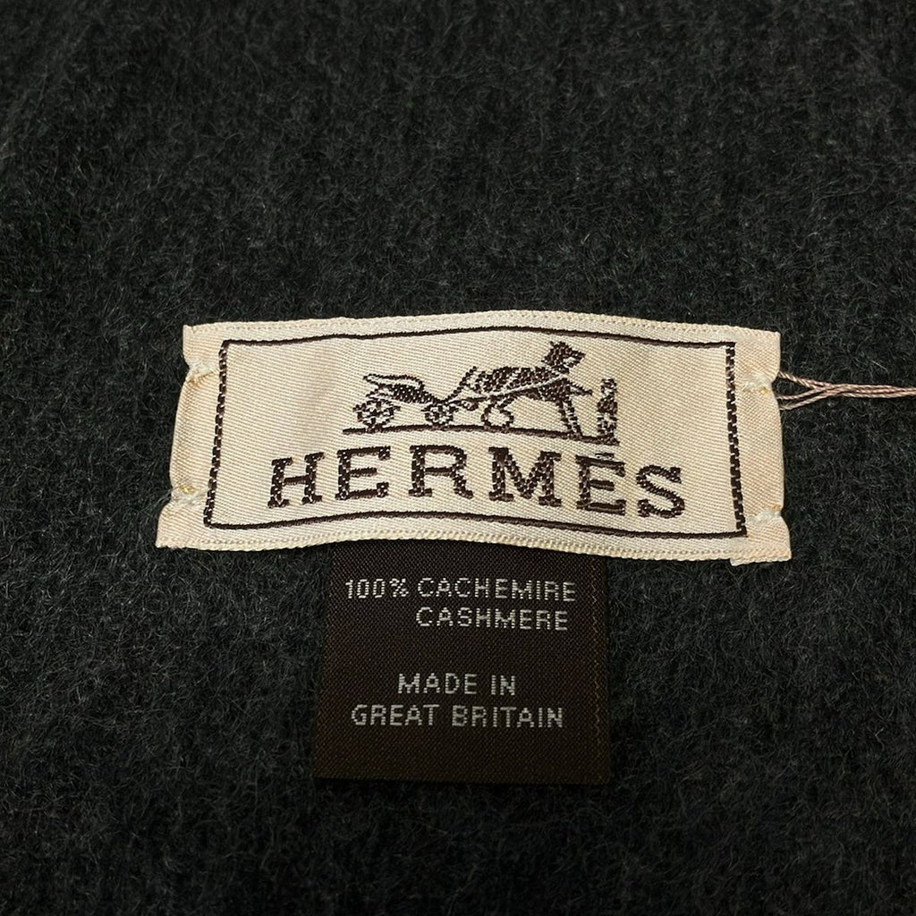 Hermes Scarf Black Logo Embroidery Fringe Cashmere — view 2