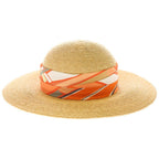 Hermes Straw Hat Carre Decorative Wide Brim Hat Orange Beige — view 3