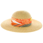 Hermes Straw Hat Carre Decorative Wide Brim Hat Orange Beige — view 4