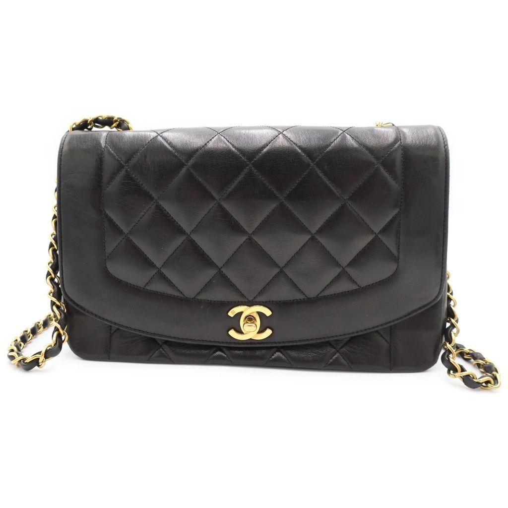 Chanel Diana 25 Chain Shoulder Bag Quilted Black Lambskin Gold