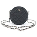 Chanel Quilted Round Chain Mini Shoulder Bag Black Caviar Leather Silver