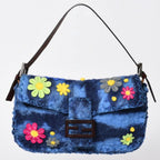 Fendi Mamma Baguette Bag Felt Leather Flower Patchwork Blue Silver