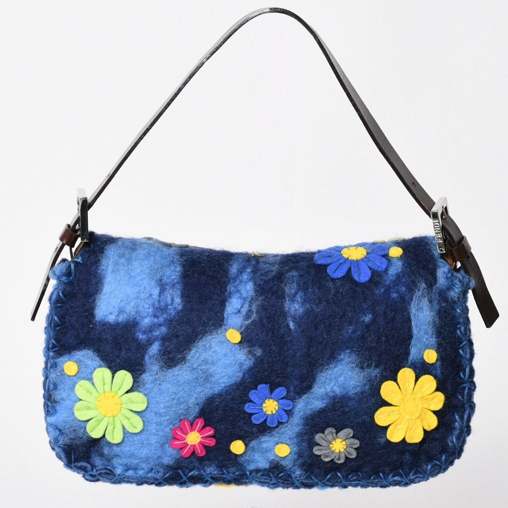 Fendi Mamma Baguette Bag Felt Leather Flower Patchwork Blue Silver — view 2