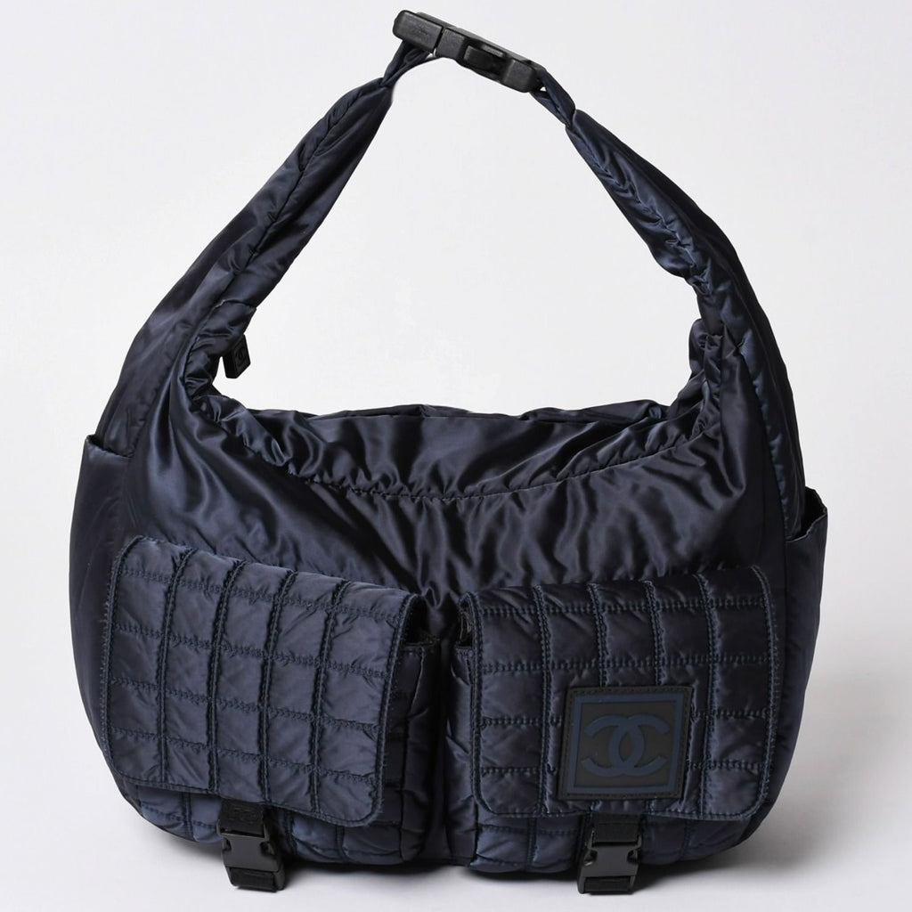 Chanel Sports Line Bag CC Logo Choco Bar Nylon Navy Silver