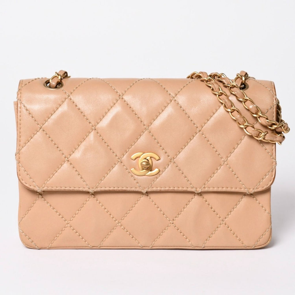 Chanel Wild Stitch Quilted 25 Chain Shoulder Bag CC Logo Calfskin Beige